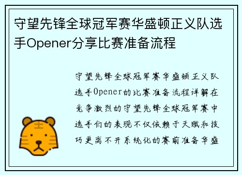 守望先锋全球冠军赛华盛顿正义队选手Opener分享比赛准备流程